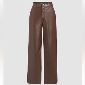 Cider - Faux Leather Wide Leg Pants / Brown